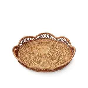 Corbeille de Fruits en Rotin Fait Main Panier de Rangement Tissé Conteneur à Snacks de Bureau Plat de Fruits en Osier Organisateur