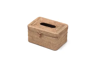 Close-up of the natural rattan tissue box detail, handmade woven desk organizer container.