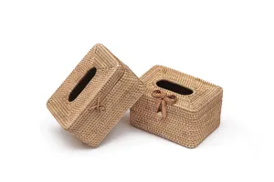 Handcrafted natural rattan woven tissue box detail, rustic desktop decor holder.