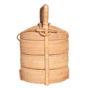Handwoven 3-tier rattan tiffin box, natural wicker portable lunch bento basket with sturdy handle.