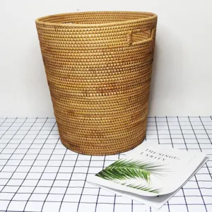 Handmade Natural Rattan Laundry Basket Woven Storage Hamper Round Clothes Sorting Basket Household Storage Bucket