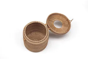 Handmade round rattan tissue box Chinese style desktop storage container holder for home decor