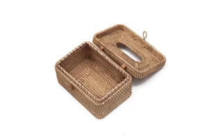 Detailed close-up of the handmade woven rattan tissue box, showing neat texture and open design.
