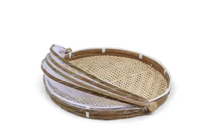 Cesta de bambú con cubierta de malla, bandeja redonda de secado para cocina y jardín.