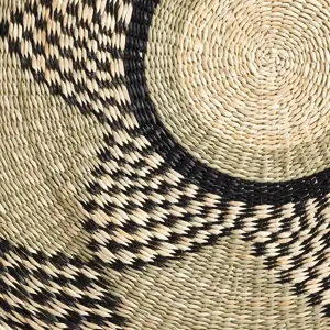 Handmade woven grass wall hanging detail, natural texture close-up, boho rustic decor