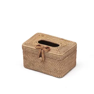 Handmade natural rattan tissue box decorative desktop storage container for home.