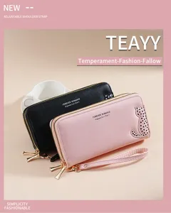 Long PU leather women wallet with cute cat design, double zipper large capacity clutch bag.