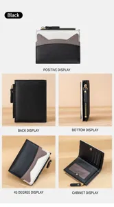 Stylish women's mini bifold wallet color block card holder compact coin purse in black