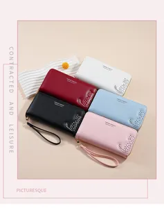 Women long PU leather wallet with cute cat design and wrist strap, multi-color options.