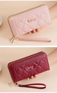 Women long quilted zipper wallet phone purse double zip clutch bag wristlet daily chic.