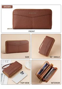 Portafoglio lungo da donna con doppia cerniera marrone in ecopelle con scomparti per carte.