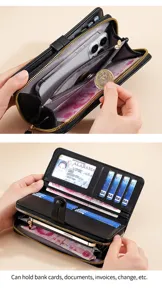 Schwarze Damen lange Geldbörse mit Reißverschluss Kartenetui Handy Portemonnaie Tasche