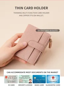 Detail view of the pink mini card holder featuring multiple slots, zipper pocket and ID window.