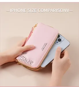 Pink PU leather long wallet for women with cute cat pattern and wristlet design detail view.