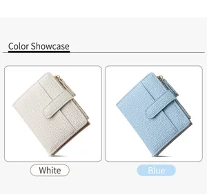 Detailed view of women short wallet color showcase showing white and blue options.