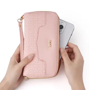 Roze vrouwen lange portemonnee dubbele rits clutch tas met telefoonhouder en polsband.