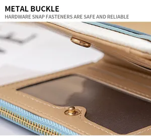 Women contrast color mini wallet detail view, compact card holder with metal snap and zipper.