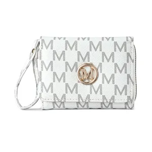Portefeuille court femme monogrammé blanc avec dragonne zippé à trois volets porte-monnaie
