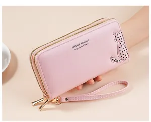 Pink long PU leather wallet for women, double zipper design with cute cat pattern and wrist strap.