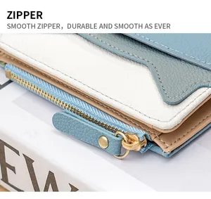 Colorblock women's mini wallet card holder zipper pocket leather purse detail view