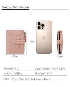 Pink PU leather short wallet detail view, compact card holder with zipper pocket and dimensions.