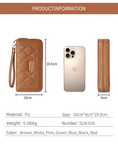 Detailed view of the women's quilted long wallet showcasing dimensions, multiple card slots and structure.