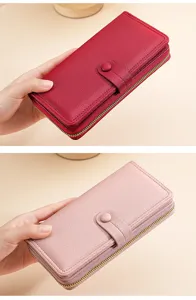 Damen Geldbörse lang Reißverschluss Druckknopf Kunstleder Kartenhalter elegant stilvoll rot rosa