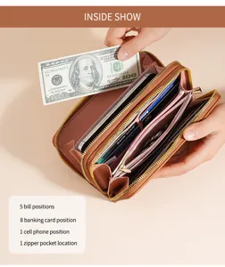 Detailed view of women's long multi-function wallet showing interior card slots and compartments.