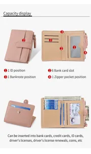 Women's short bi-fold PU leather wallet with multiple card slots, ID window and zipper pocket.