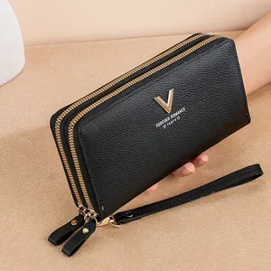 Women Long Wallet PU Leather Double Zipper Clutch Bag Fashion Letter Printed Purse With Wristlet Strap Large Capacity Card Holder Cell Phone Pocket