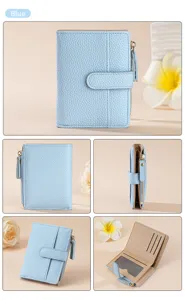 Blue women's short wallet, PU leather bifold card holder with zipper coin pocket and multiple card slots.
