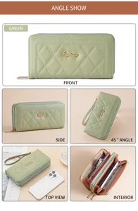 Green quilted long women's wallet multi-functional clutch phone purse with wrist strap.