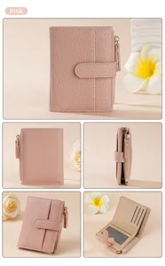 Pink women's short wallet detail view with two-fold design, card slots and zipper pocket.