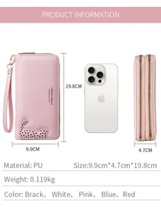 Long PU leather women wallet dimension spec graphic with multiple card slots and wrist strap.