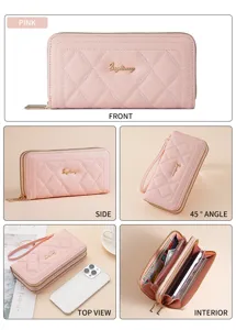Pink long quilted women wallet with zipper and wrist strap, multi-functional phone purse detail.