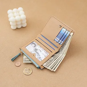 Women short wallet PU leather coin purse card holder minimalist compact multi-card slot zipper pocket
