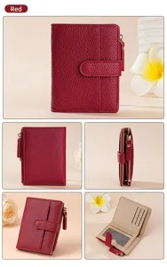 Detailed closeup of the red short women leather wallet featuring multiple card slots and zipper pocket.