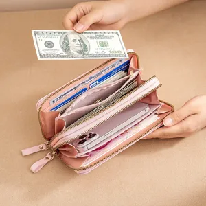 Women long pink zipper wallet large capacity clutch purse with card slots and phone pocket