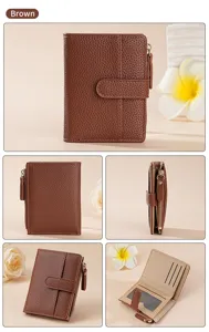 Women's short bifold wallet with zipper coin pocket, multiple card slots, stylish brown PU leather.