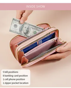 Women pink PU leather long wallet multi card slots zipper clutch purse fashion handbag