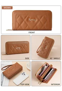 Detailed multi-angle view of a stylish brown quilted long wallet with multiple card slots.