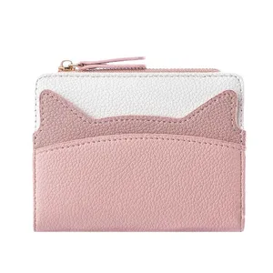 Cute cat ear women wallet mini short color block card holder stylish pink coin purse