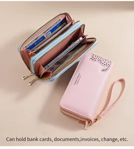 Women long PU leather wallet multi-card double zipper clutch purse with wrist strap.