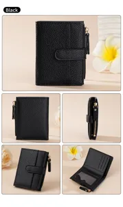 Women short wallet black faux leather bifold card holder zipper coin purse compact fashion