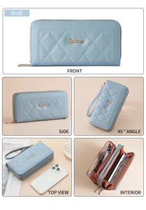 Women quilted long wallet double zipper clutch bag blue multi-functional phone purse for ladies