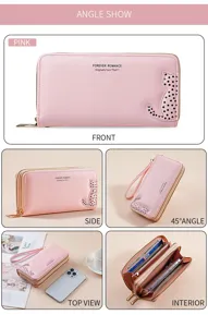 Detailed view of women's long PU leather wallet featuring cute cat motif and large capacity.