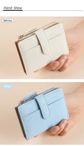 Women short PU leather wallet with zipper coin pocket and card slots chic folding purse design.