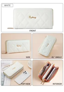 Detailed view of white quilted long wallet showcasing interior card slots and zipper pocket design.