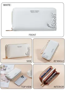 White PU leather long women wallet with cute polka dot cat design, zip around organizer purse.