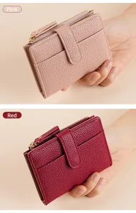 Women short bifold wallet pu leather card holder coin purse pink red compact design